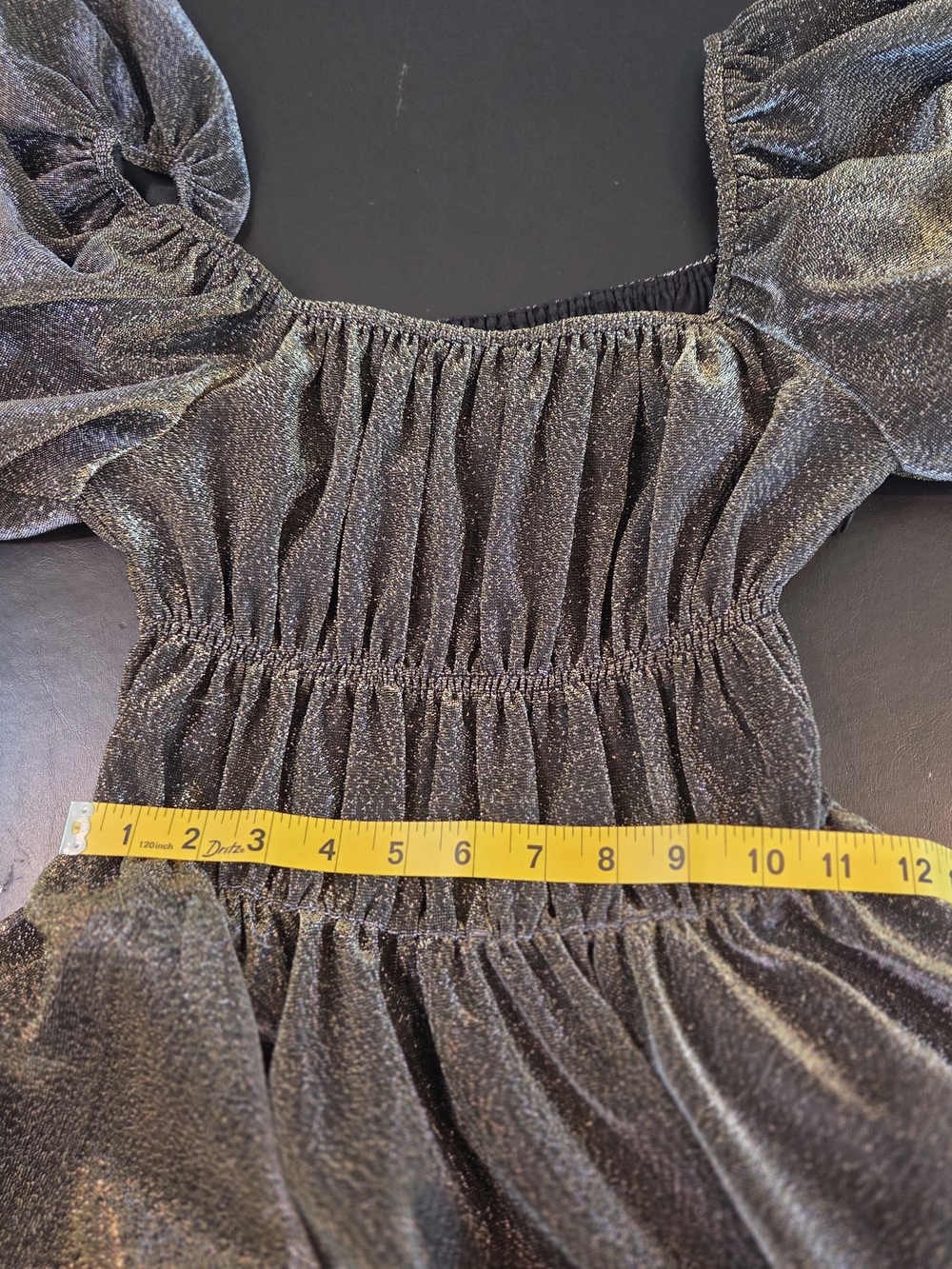 &merci Gold Metallic Puff Sleeve Square Neck Smocked Babydoll Mini Dress Size M - Picture 7 of 10